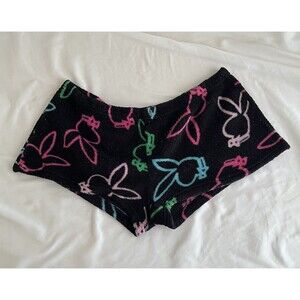 Rare Playboy Fuzzy Bunny Shorts Womens Size Large Black Original 2000s